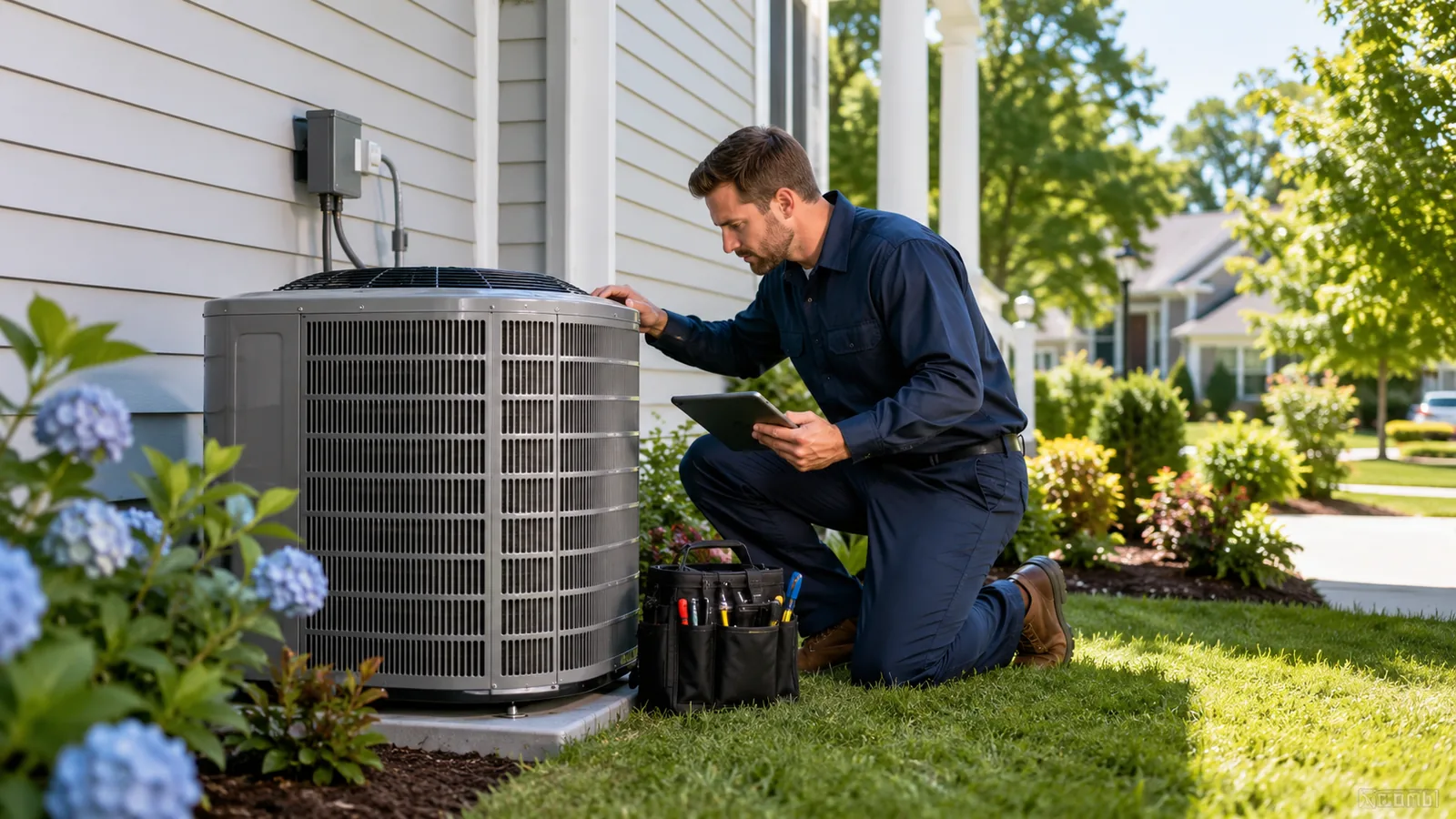Air Conditioning Contractor measuring return air performance inside a Cheval - FL residence Air Conditioning Contractor in Hillsborough County - FL inspecting an outdoor condenser beside a suburban home, Air Conditioning Contractor in Lutz - FL checking refrigerant lines beside a shaded outdoor unit, Air Conditioning Contractor in Davis Islands - FL checking a residential condenser beside a coastal home
