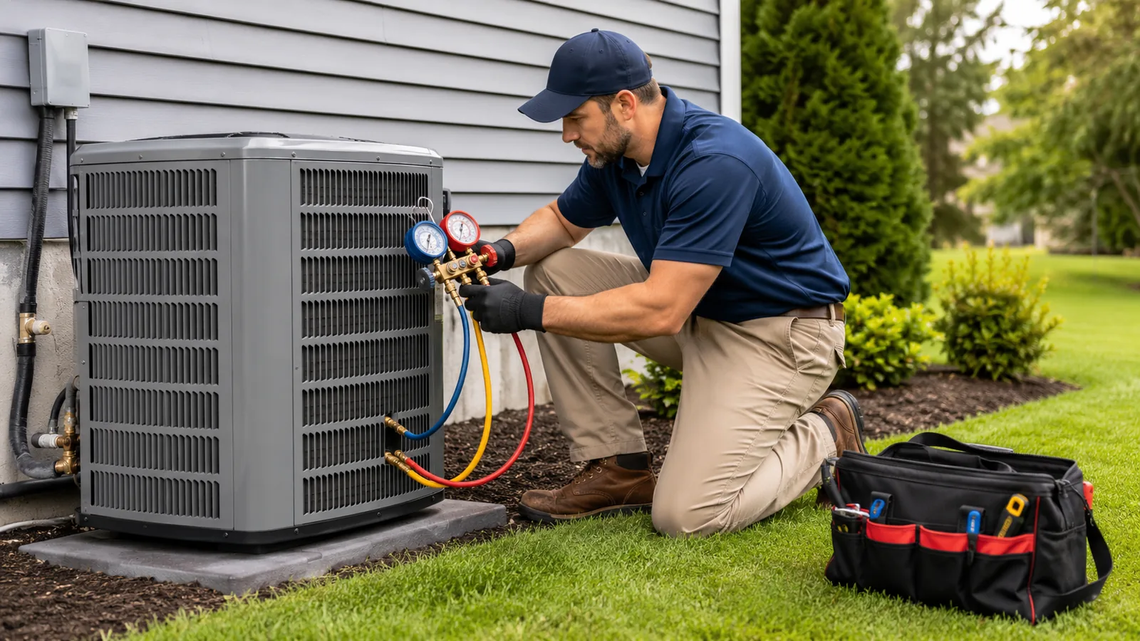 Air Conditioning Contractor in Westchase - FL checking refrigerant levels beside a residential condenser unit, Air Conditioning Contractor measuring vent airflow inside a Pinellas County - FL home during summer service, Air Conditioning Contractor testing indoor airflow in a Fish Hawk - FL family room during maintenance, Air Conditioning Contractor in Brandon - FL checking refrigerant lines beside a residential condenser unit