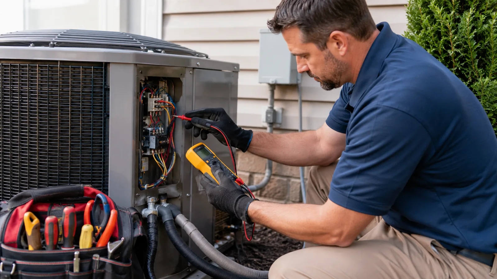 Air Conditioning Contractor in Pinellas County - FL checking refrigerant lines beside a coastal home condenser, Air Conditioning Contractor measuring supply vent airflow inside a Westchase - FL home during service, Air Conditioning Contractor testing indoor airflow readings inside a Riverview - FL family room, Air Conditioning Contractor in East Lake - FL checking refrigerant lines beside a residential condenser unit