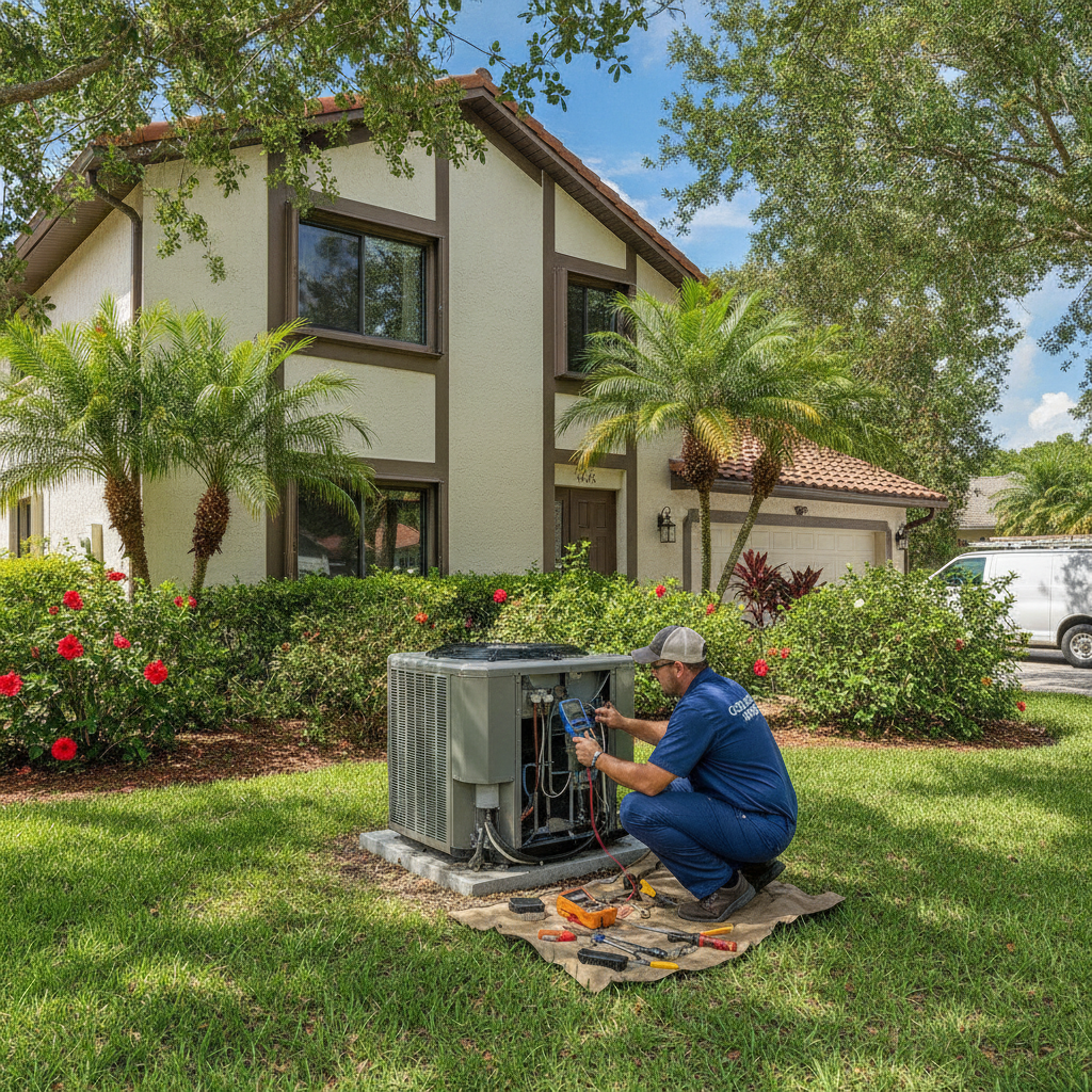 AC technician diagnosing a unit, helping homeowners with AC Repair Palm Harbor FL