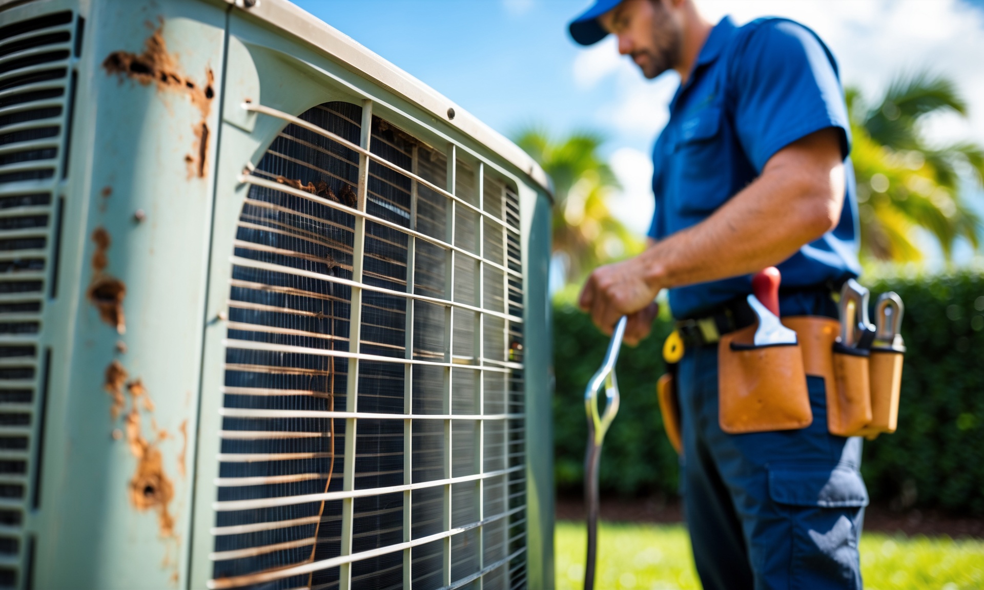 Air Conditioning Contractor in Keystone - FL checking refrigerant lines beside a residential outdoor unit