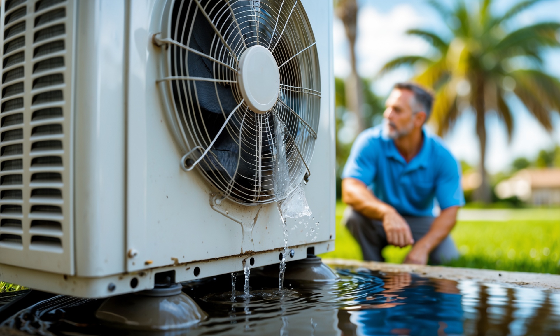 Air Conditioning Contractor in South Tampa - FL inspecting a failed outdoor condenser during a hot afternoon