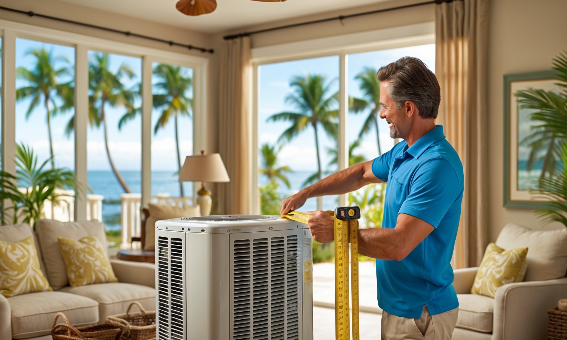 Air Conditioning Contractor in Odessa - FL inspecting an outdoor condenser beside a shaded residential yard