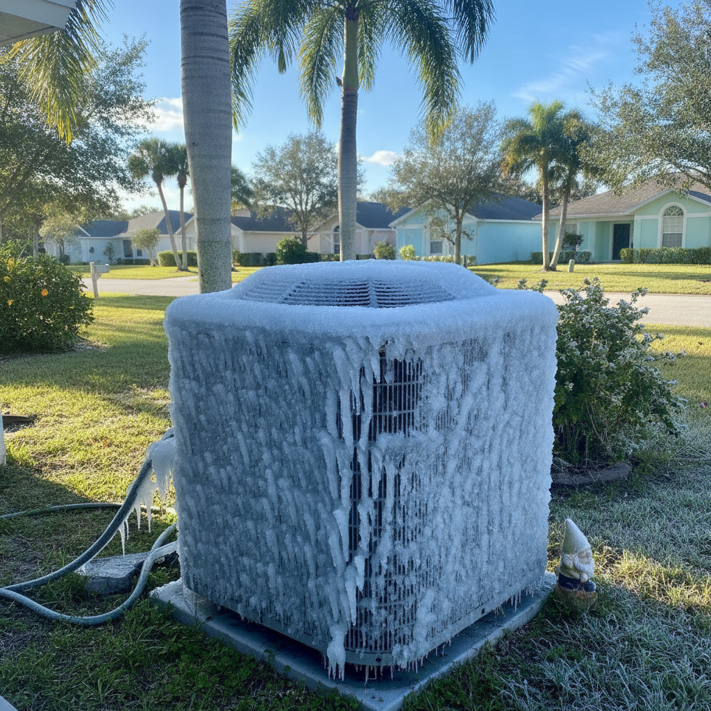 Technician examining a frozen AC unit with tools, highlighting Emergency AC Repair Palm Harbor FL needs
