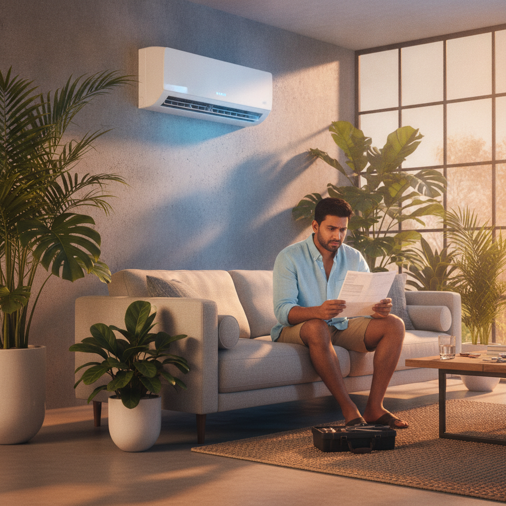 Technician reviewing AC unit energy usage for AC Repair Palm Harbor FL