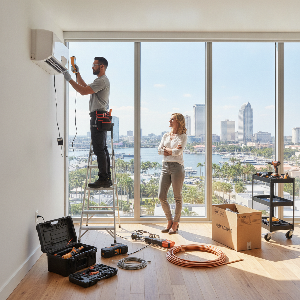 Modern technician installing a new air conditioning unit, AC Installation Tampa FL, in a commercial building