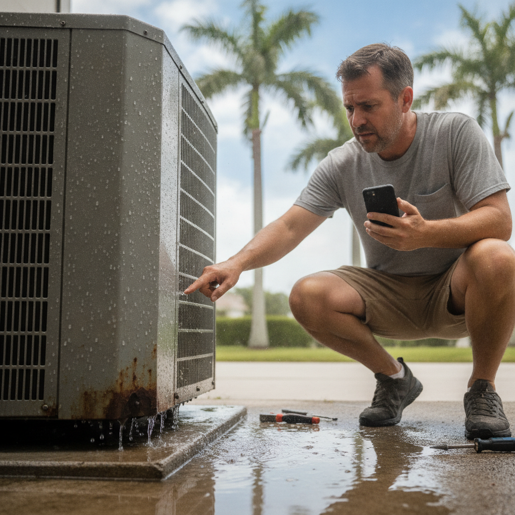 Technician inspecting an air conditioner for water leaks, Emergency AC Repair Tampa FL