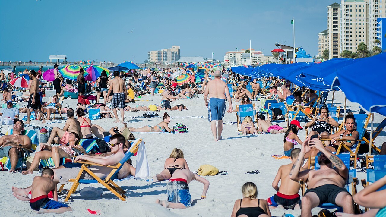 Clearwater, FL — Clearwater Beach with Pier 60, white sand, blue rental umbrellas, and Gulf hotels. Photo Philip N. Cohen, CC BY-SA 2.0.